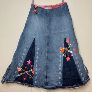 NOA Artsy Sequins Embroidered Drawstring Sides Midi Maxi Denim Skirt